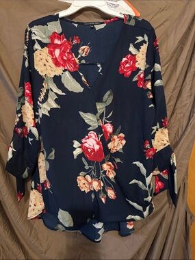Floral V-Neck Blouse in Navy with Red & Cream Blooms